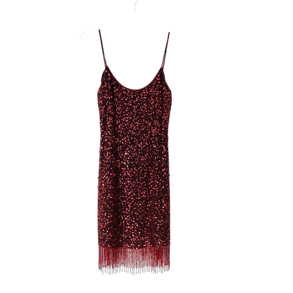 Zola Evening Red Sequin Beaded Fringe Hem Cocktail Evening Party Dress 8P petite